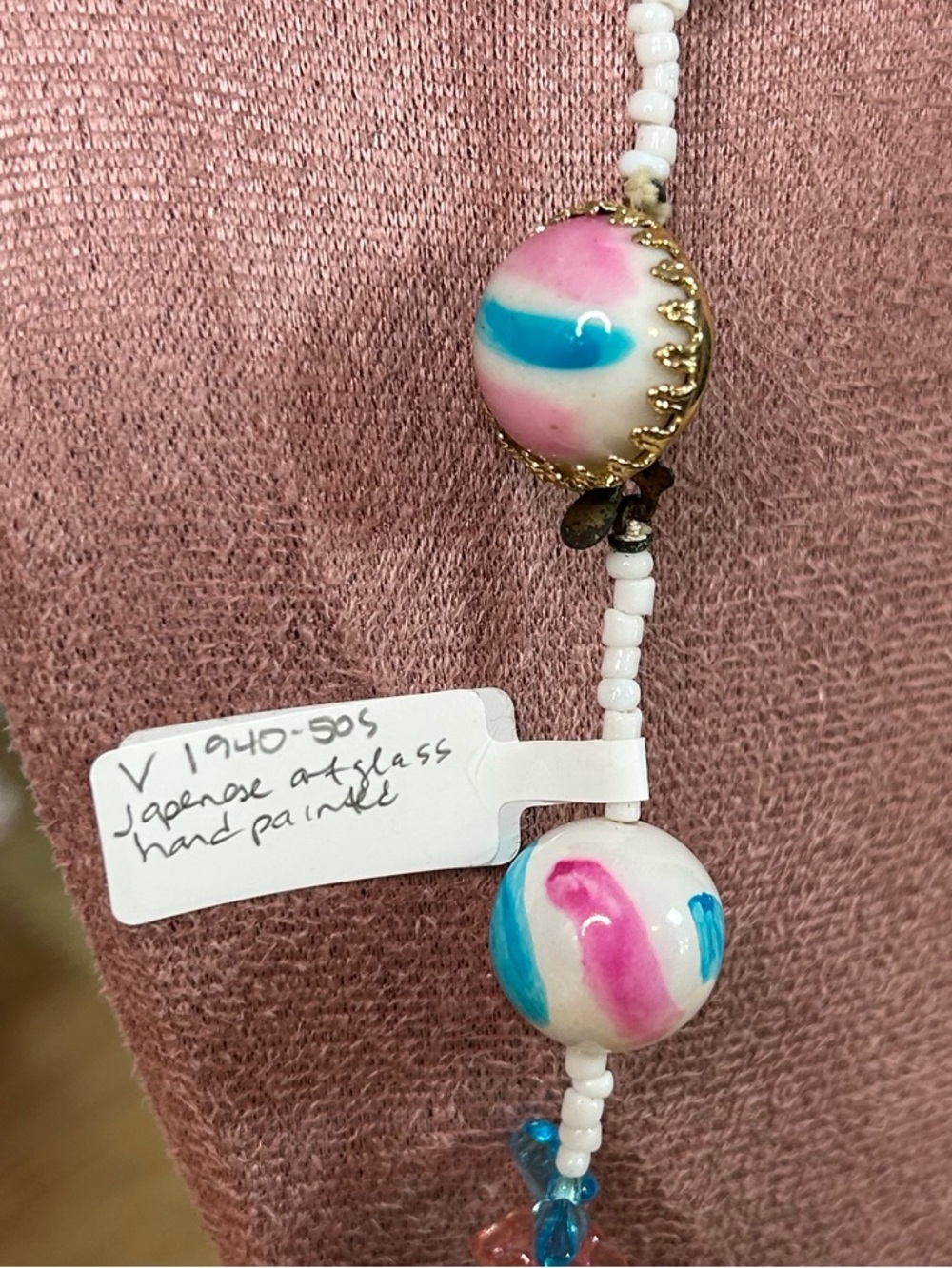 Vintage Japanese Hand Painted Art Glass Necklace & Earrings Set - Picture 7 of 9